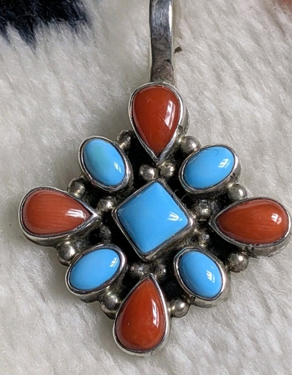 Sterling Silver RB Running Bear Necklace Pendant With Turquoise And Coral